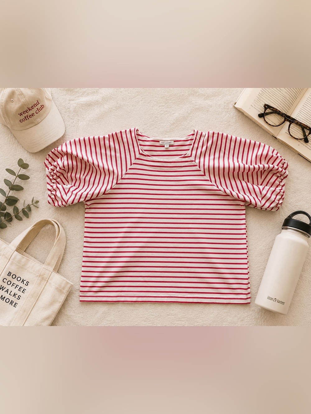 Free Assembly Striped Puff Sleeve Top Pink White Cotton XL